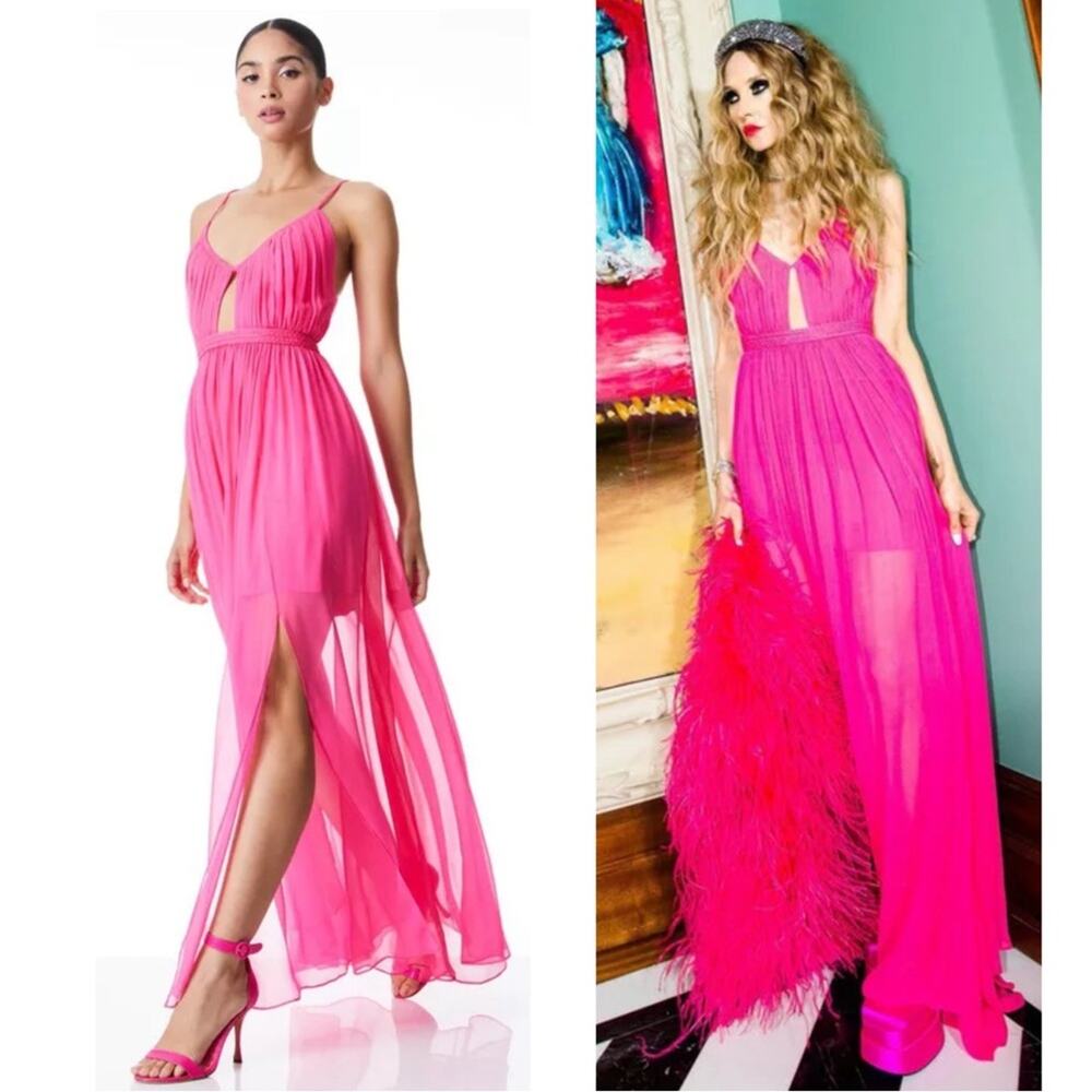 ALICE + OLIVIA Tamar Silk Cutout Slit Braided Wild Pink Maxi Dress Size 2